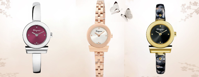 Những mẫu đồng hồ Salvatore Ferragamo tinh tế mang đến cho nữ chủ nhân phong cách sang trọng và đẳng cấp. Ferragamo Gancino FQ5090016 giá 21,9 triệu đồng; Ferragamo Gancino FBF040016 giá 23,3 triệu đồng; Ferragamo Gancino FII090016 giá 30,2 triệu đồng.