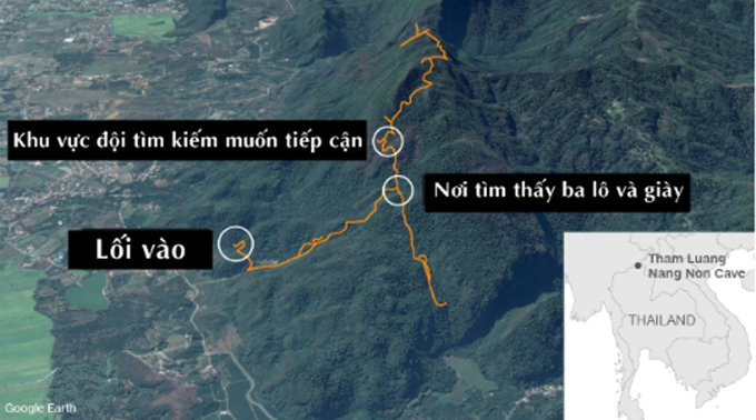Khu vực hang Tham Luang nơi đội bóng Thái Lan đang bị kẹt. Đồ họa: CNN.